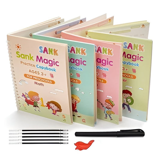 Sank Magic Practice Copybook Set for Kids (4 Books + 1 Magic Pen + 1 Grip + 10 Refills)