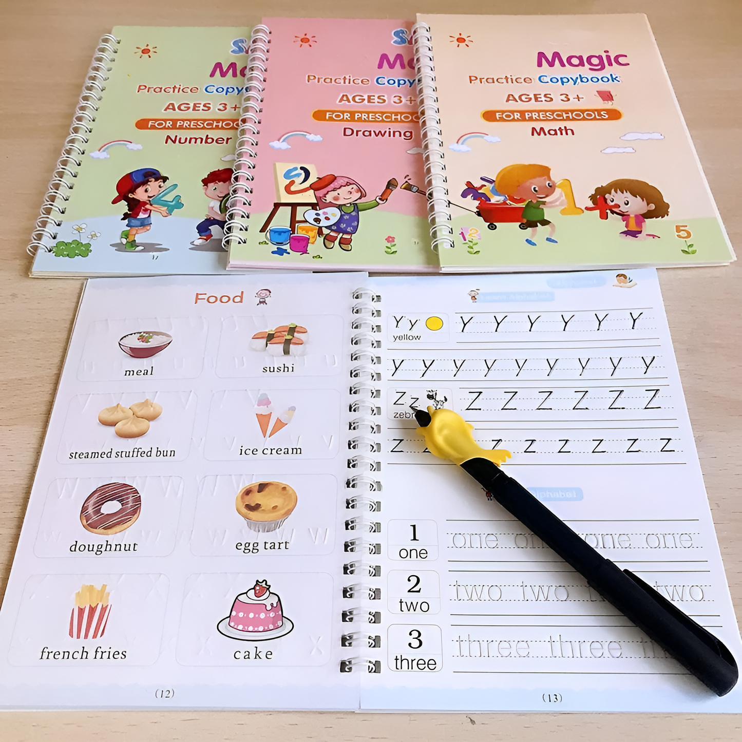 Sank Magic Practice Copybook Set for Kids (4 Books + 1 Magic Pen + 1 Grip + 10 Refills)