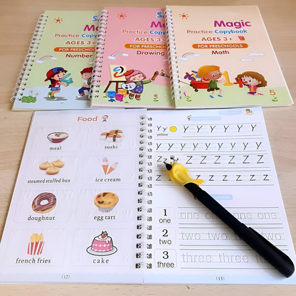 Sank Magic Practice Copybook Set for Kids (4 Books + 1 Magic Pen + 1 Grip + 10 Refills)