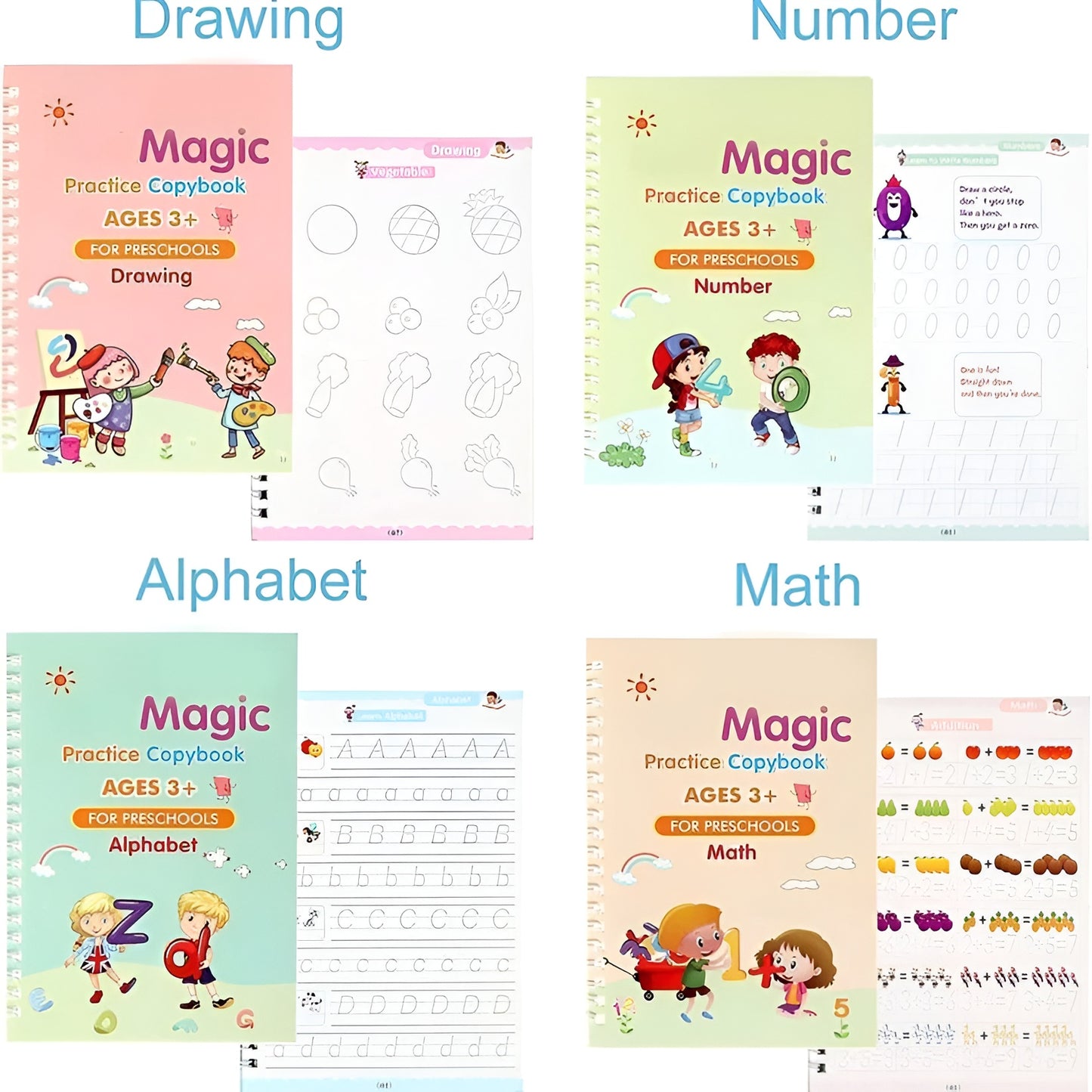 Sank Magic Practice Copybook Set for Kids (4 Books + 1 Magic Pen + 1 Grip + 10 Refills)